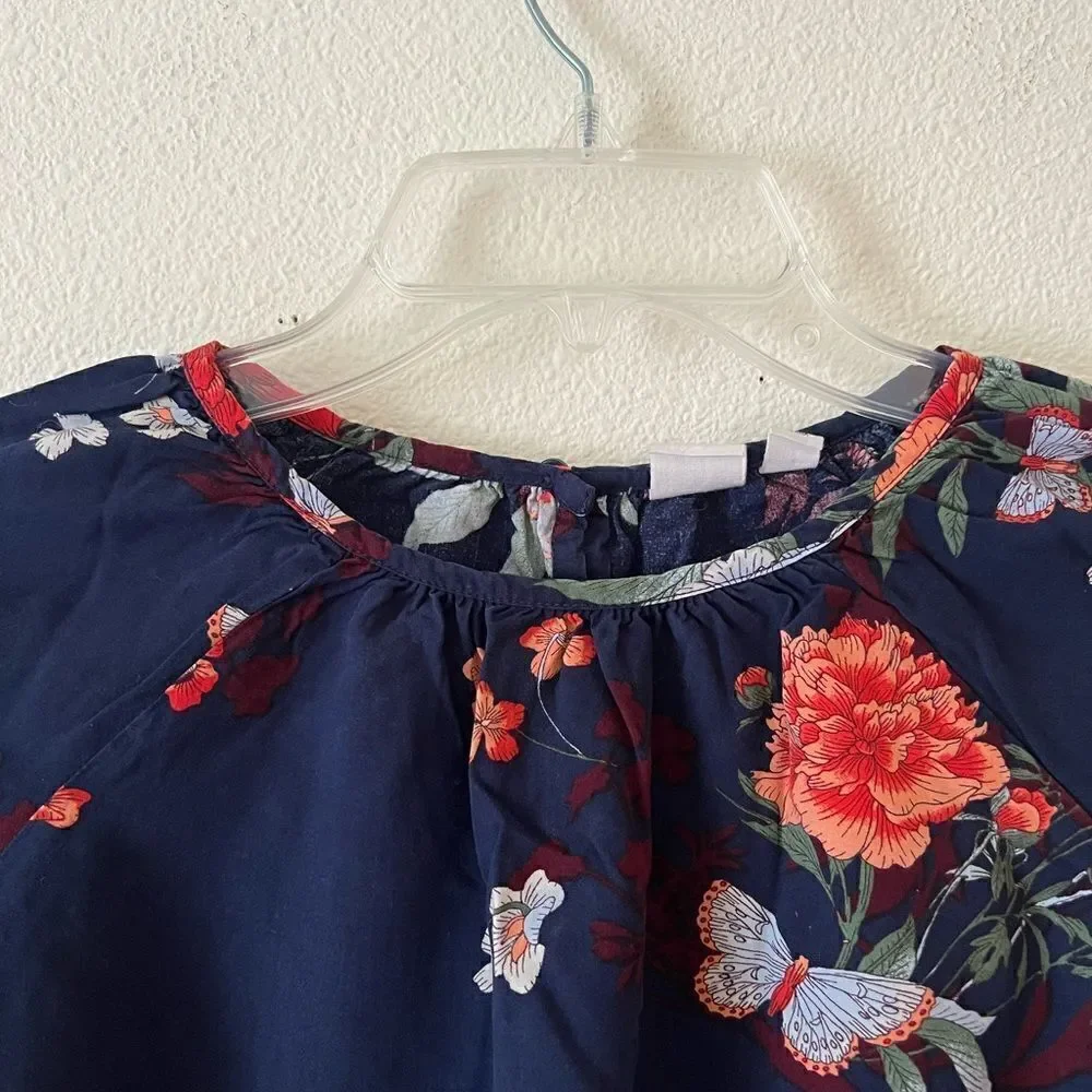 Gap Kids Girls Navy Boho Floral Blouse Balloon Sleeve Round Neck size S(6-7)